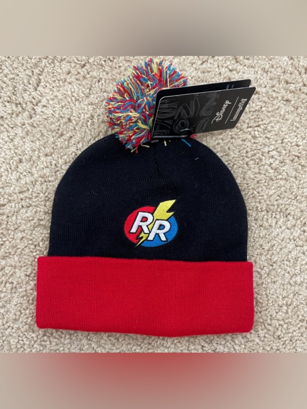 Loungefly Rescue Rangers Black and Red Pom Beanie with Lightning RR Patch